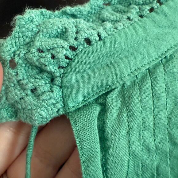 BEAMS | Tendance par Ray Beams Green cotton crochet trim Tie Neck Blouse Medium - Picture 8 of 9